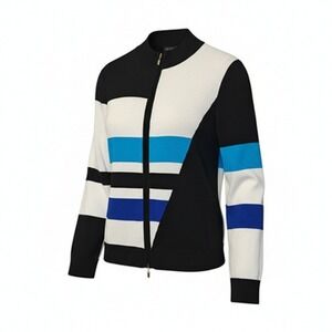 St John Sweater Womens Medium Knit Multicolor Stripe Full‎ Zip Wool Rayon